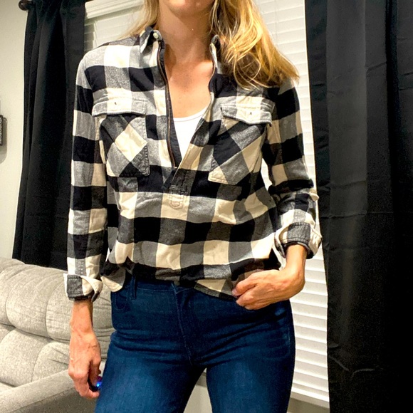 J. Crew Tops - J CREW Flannel Quarter Zip Black White Buffalo Check Shirt SMALL
